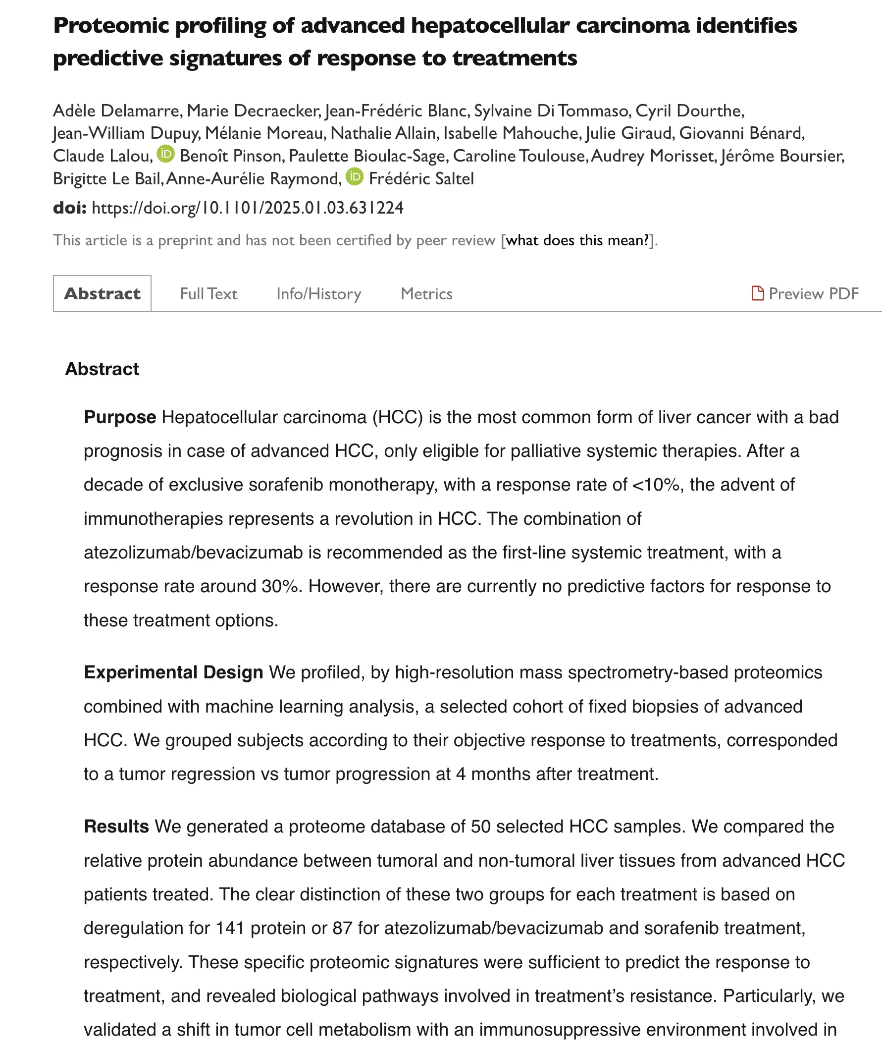 Preview of Proteomic profiling of advanced hepatocellular carcinoma identifies predictive signatures of response to treatments