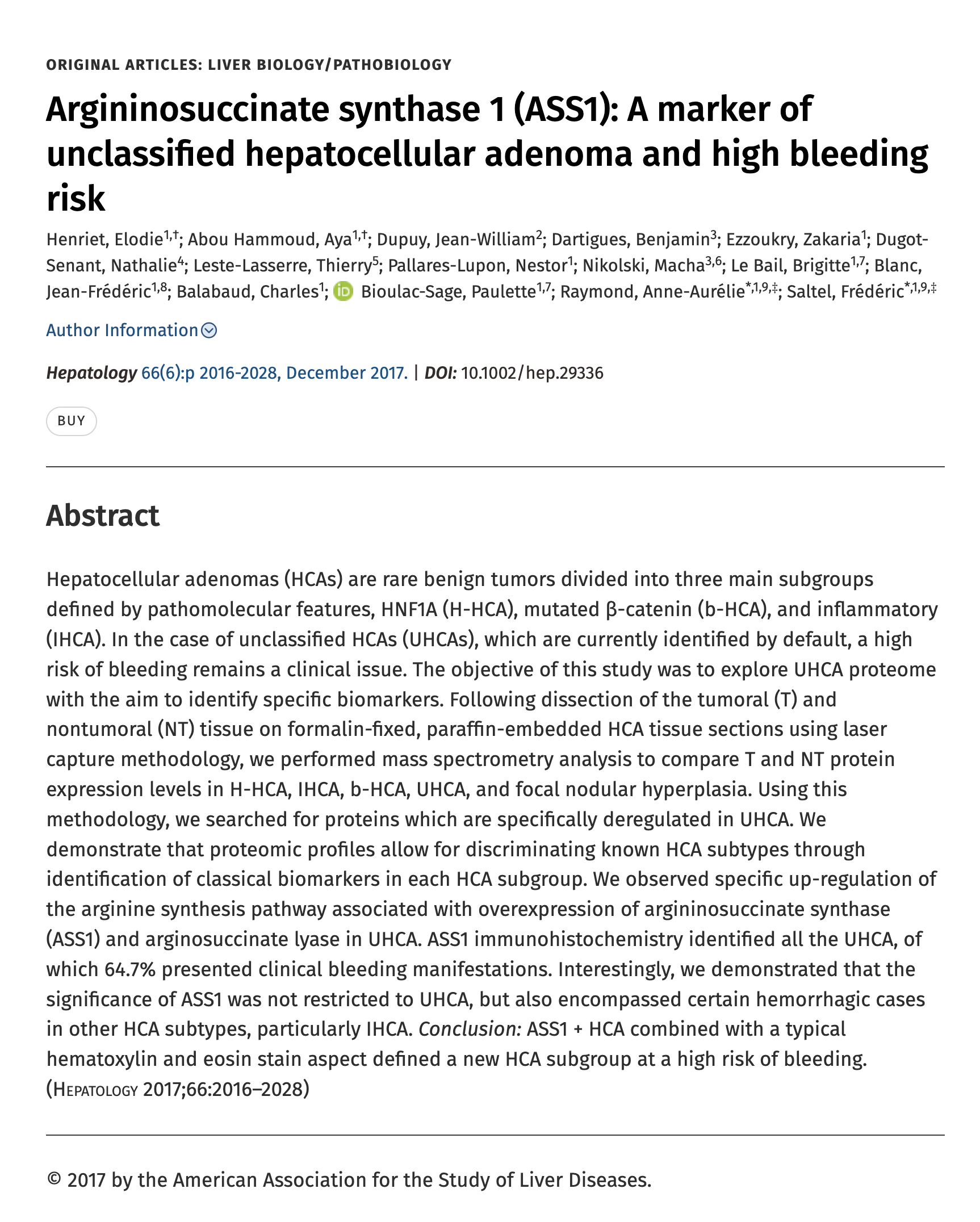Preview of Argininosuccinate synthase 1 (ASS1): A marker of unclassified hepatocellular adenoma and high bleeding risk