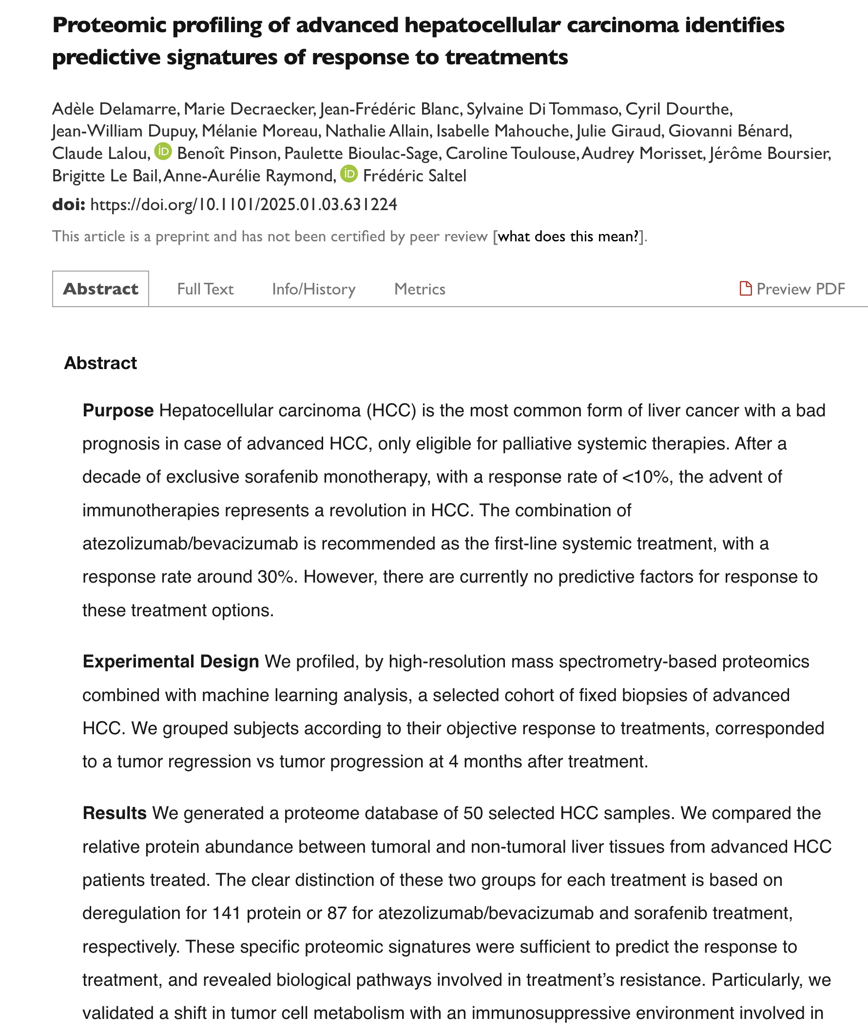 Preview of Proteomic profiling of advanced hepatocellular carcinoma identifies predictive signatures of response to treatments